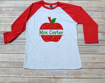 Teacher Shirt, Monogrammed Apple Raglan Shirt, Back to School, Teacher Gift, Teacher Christmas Gift, Teacher Monogram, Teacher Appreciation