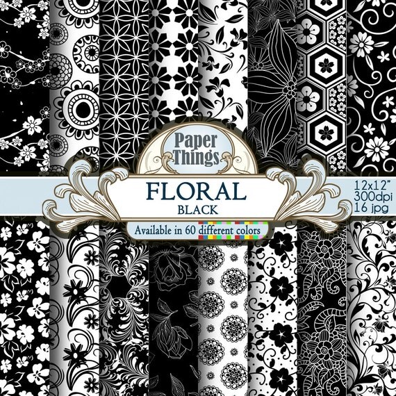 Floral Digital Paper Black Scrapbook Paper Black Floral