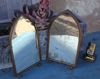 Pair of Gothic shaped Brass Mirrors/ Brass Gothic Mirrors/ Patina glass gothic mirrors/ Brass church mirrors/ Arched vintage mirrors.