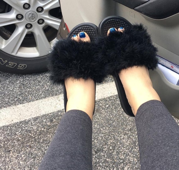 Furry Nike Slides by GlammedGalore on Etsy