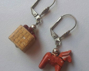 Handmade Wood Orange Horse and Basket Earrings