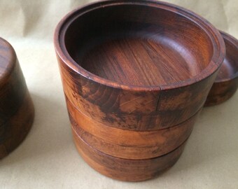 20% off original price: 60-70s Wooden teak salad bowls, stacking, hand-crafted Denmark