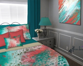 Teal gray aqua coral, Duvet Cover, Queen King Full Twin, Abstract art, Bedding set, Designer home decor, Master Bedroom, Contemporary Modern