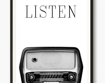 Vintage poster, Retro print, Old Radio Printable, Scandinavian Chic Art, Mid century modern, Radio Photography, Black White Words Printable