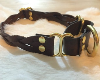 Adjustable Brown Braided Leather Martingale Dog Collar
