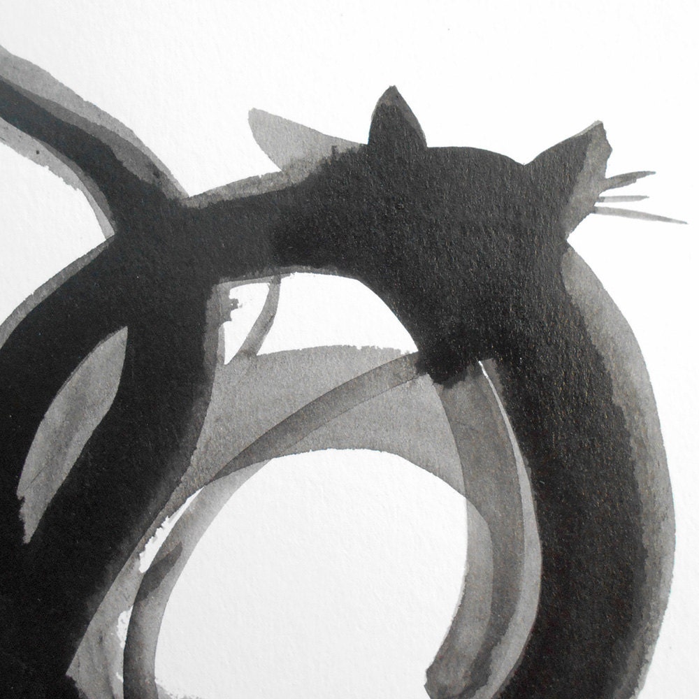 Contemporary Cat Zen Sumie Cat Wall Art Japanese by JoiedelaTerre