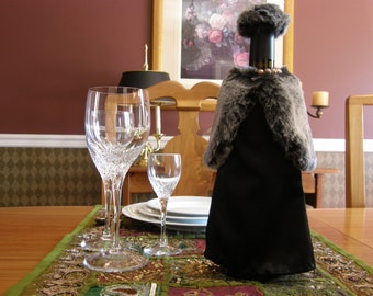 Gray Faux Fur Stole and Hat with Black Satin Evening Gown, and Faux Pearl Necklace Wine Bottle Decor - Hostess Gift