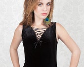 Lace Up Neck Black Velvet Camisole Top / Vest