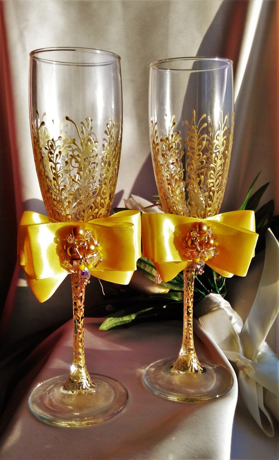 wedding champagne flutes yellow wedding by WeddingArtGallery