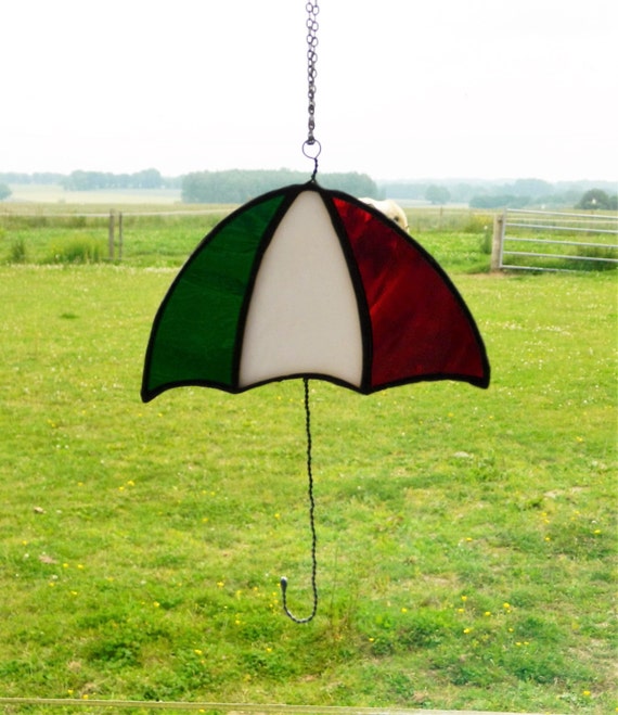 Umbrella suncatcher stained glass red white green hanging