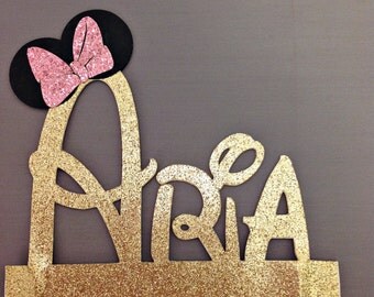 Minnie Mouse Cake Topper, Custom Disney Font Name Cake Topper, Minnie Mouse Personalized Cake Topper, Glitter Cake Topper, Customized