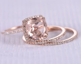 3pcs wedding ring setmorganite engagement ring9mm big cushion14k rose gold - Morganite Wedding Rings 3pcs wedding ring setmorganite engagement ring9mm big cushion14k rose gold - Morganite Wedding Rings