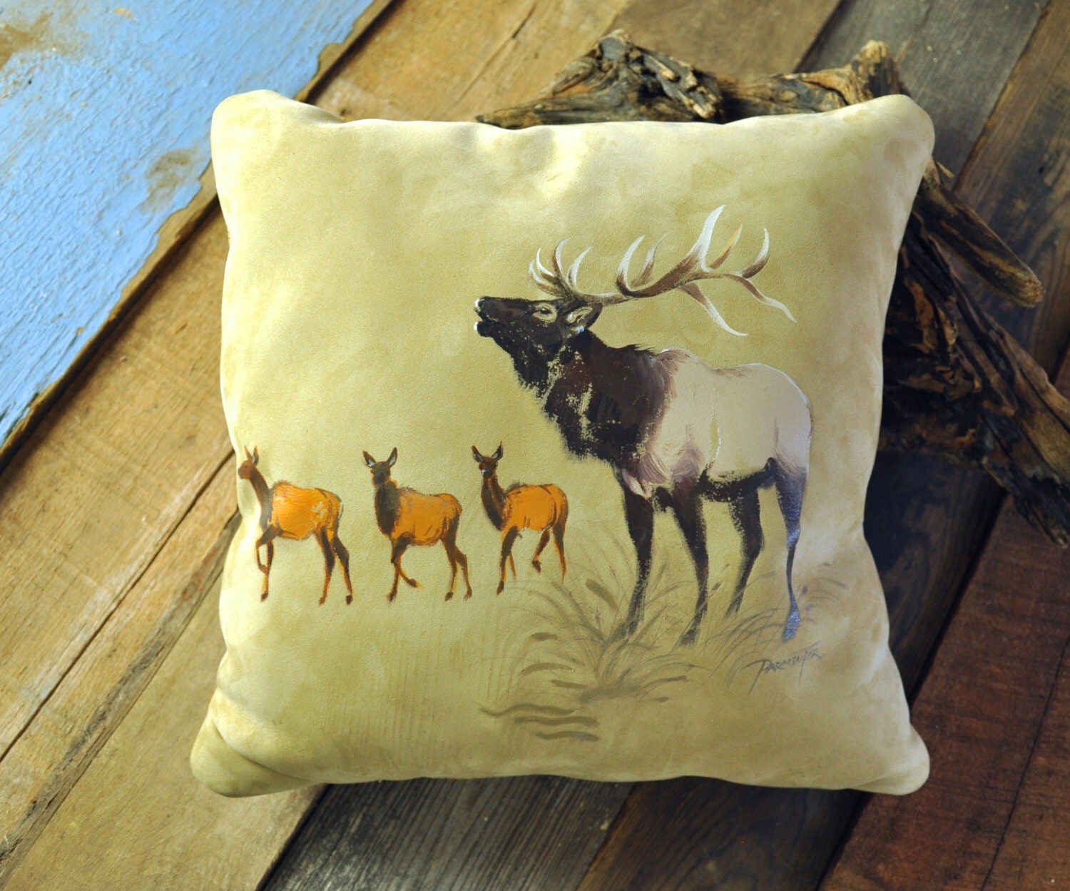 Handpainted Leather Elk Pillow by ParmenterStudios on Etsy