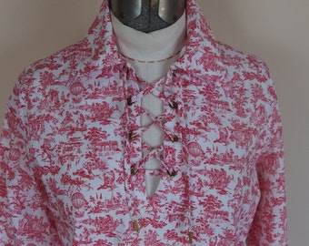 1970s Cotton Long Sleeve Blouse with Front Opening Lace Up Grommets Red Toile Print