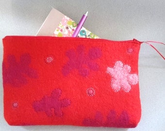 Red zip purse handfelted, handmade felt wallet, red purse with zip, embroidered purse, felt purse, gift for her, mother's day gift