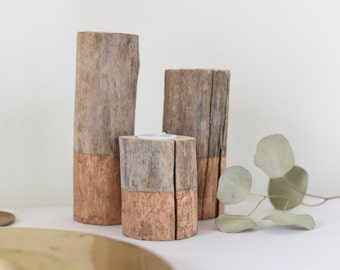 Rose Gold Driftwood Candle Holders, (Set of 3) Gold | Rustic Wedding Decor | Tea Light | Handcrafted | Reclaimed Wood | Home and Living |