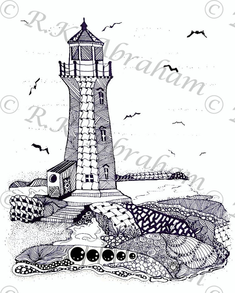 Download Lighthouse 2 Tangles Coloring page 8x10 by KFAArtDesign on Etsy