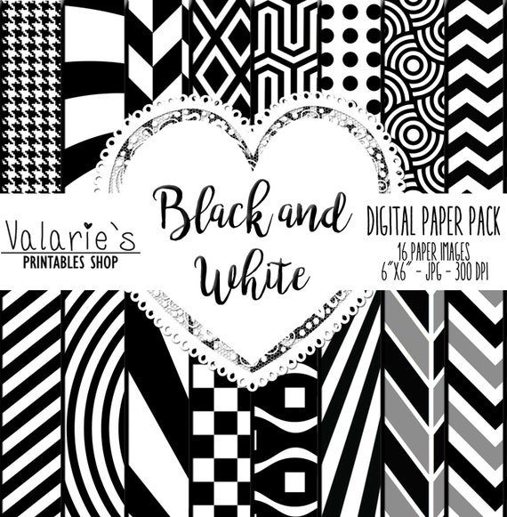 Black and White Digital Paper Pack Instant Download Printable 16 Unique Designs 6x6 inches Basic Paper Design