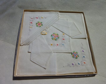 Vintage Muslin Cotton Handkerchief -Women Handkerchiefs -Hand Embroidered Floral Design- Dainty Ladies Hanky - Still in Original Box