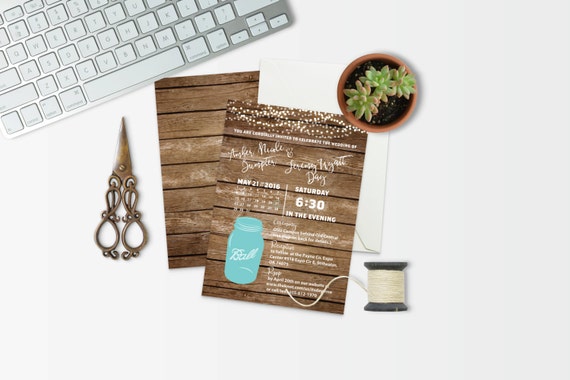 Items similar to Printable Rustic Inspired Mason Jar Wedding Invitation ...