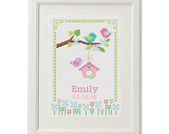 Baby Cross Stitch pattern birth announcement Birthday sampler Bird Flower personalized unique gift birth record new baby girl , baby shower