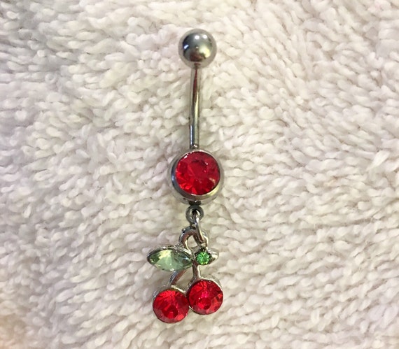 Items similar to Red cherry belly ring, rhinestone gem cherries navel ...