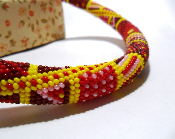 Red yellow pink patchwork necklace print ornament statement casual unusual gift idea geometric print gift for her rope beads crochet jewelry