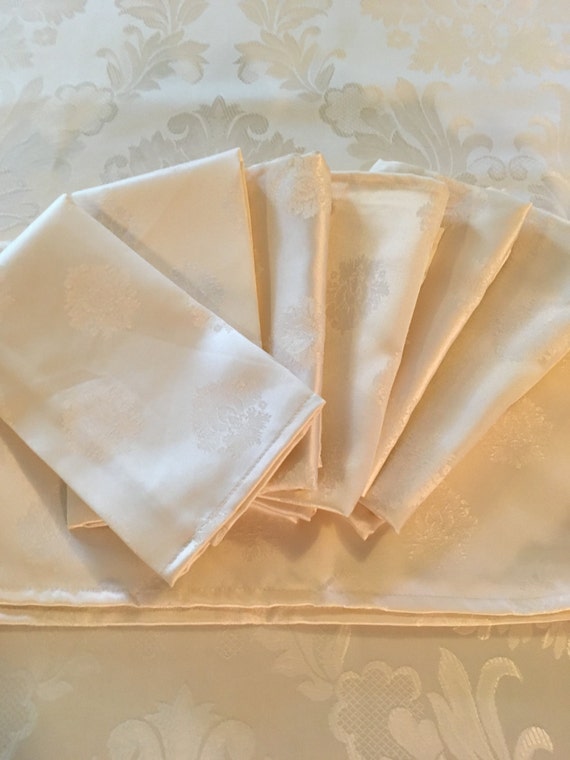 Vintage Damask Ivory Tone Napkins Set of Eight Polyester Blend