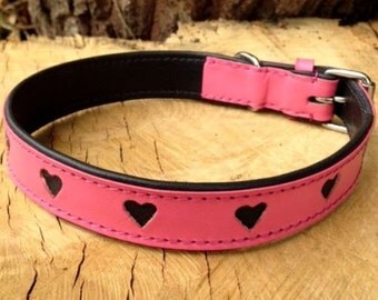 Hand Made Pink Leather Dog Collar Girl Padded Strong Pretty Hearts Large