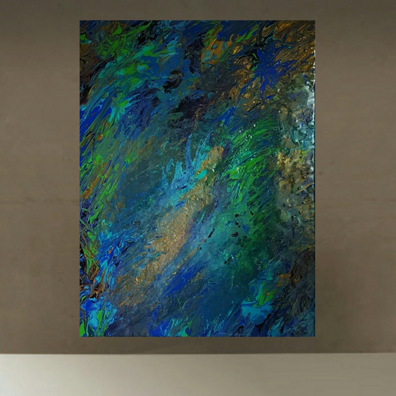 Modern Abstract Art Resin Painting On Canvas Peacock Essence