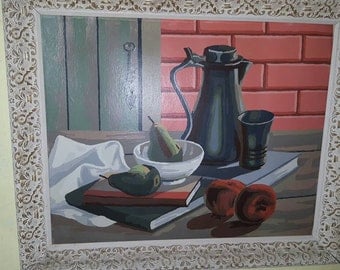 Nobody Move! Paint By Number Vintage "Still Life" 20L2 with A Pear in a Bowl! Craft Master 24"x 19" Framed Oil Painting, 1 of 2 in a Set.