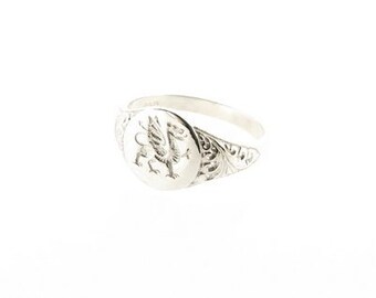 Sterling Silver Welsh Dragon Oval Signet Ring with Scrolls - UK Sizes L - Q - US Sizes 5.5 - 8