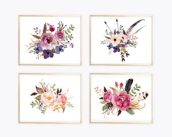 Botanical art print Set of 4 floral print watercolor print flowers arrows feathers wall art print watercolor poster 8 x 12 12 x 16