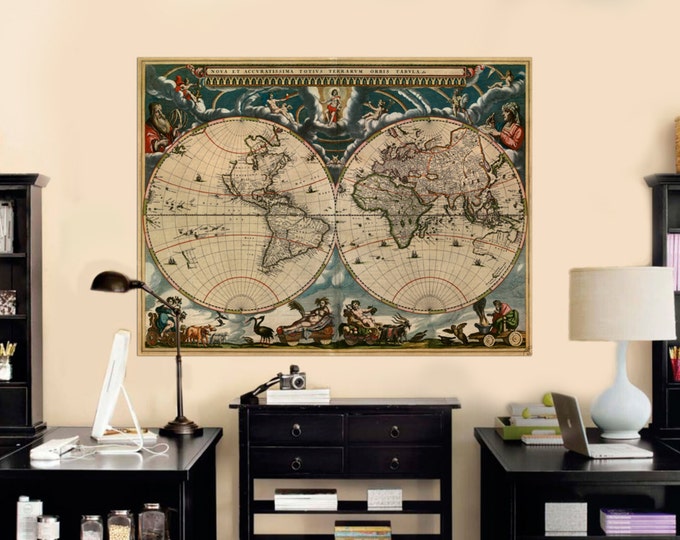 Antique Wall Art World Map Print set, Ancient Hemisphere Map, Old World Map of 1,2,3,4 or 5 Panels on Canvas Wall Art for Home & Office
