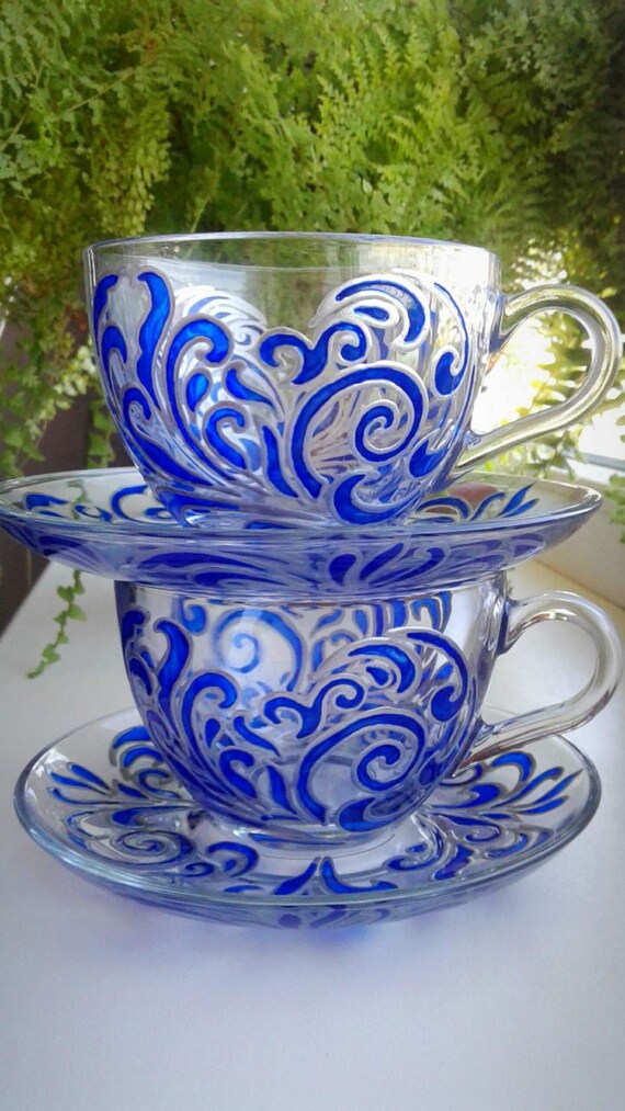 Blue TeaCup Set Painted cup and saucers Funny Tea Cup Hand