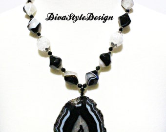 Black and White Banded Agate Statement Necklace