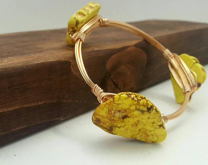 SALE 15% off Yellow Wire Wrapped Bangle, Bangle, Bracelet, Magnesite Stone, Bourbon & Boweties Inspired