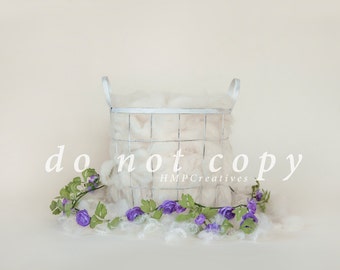 White Basket with Purple Flowers Newborn Digital Backdrop
