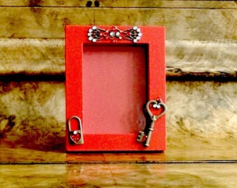 SALE***Red Wood Picture Frame With Metal Accent Heart Lock, Skeleton Key and Rhinestones