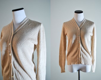 70s Camel Knit Cardigan | 1970s V-neck Eyelet Tan Sweater | 70s Sweater | 1970s Cardigan | Sz S
