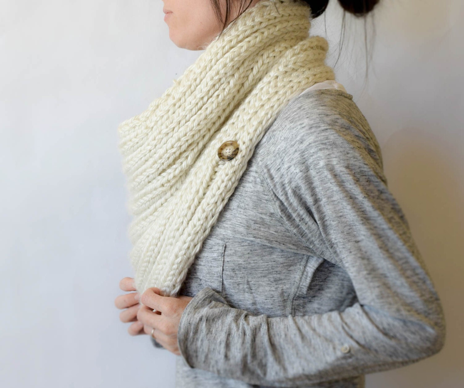 Giant Knit Cowl Big Knit Scarf Cream Knit Scar by MamaInAStitch