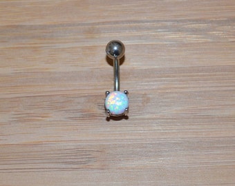 Petite White Simulated Opal Round Shape Prong Belly Button Ring Navel Body Piercing Jewelry