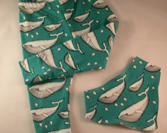 SALE 25% OFF - Green Whale - Organic Baby Leggings - Matching Bandana Bib - Gift Set - Handmade in the UK