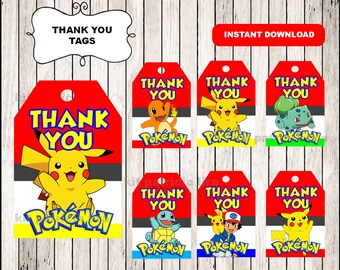 Pokemon Thank you Tags instant download , Pokemon Thank you Tags, Printable Pokemon party tags