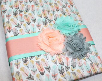 Baby Journal, Feathers, Arrows, Baby Memory Book, Baby Milestone Book, Mint and Coral, Peach, Gold, Dream Catcher, BoHo, Decor, Baby Girl