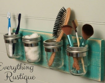 Mason Jar Organizer, Mason Jar Decor, Shabby Chic, Mason Jar Bathroom,Bathroom Decor, Rustic Decor, Mason Jar