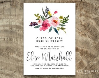 Floral Graduation Invitation | Pink, Gold, Black, Calligraphy | Digital PDF Invite | ELISE Collection | Printable