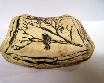 Pottery Ceramic Soap Dish Jewelry Bowl Bird on a branch