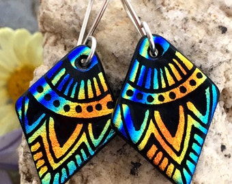 SMALL Mandala Hand Etched Dichroic Earrings Fused Glass & Sterling Silver Handmade Wires Orange Blue Rainbow