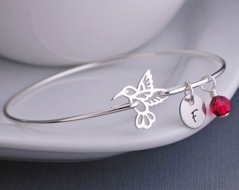 Hummingbird Jewelry, Hummingbird Bracelet, Stackable Sterling Silver Bangle Bracelet, Ruby Birthstone, Bird Jewelry